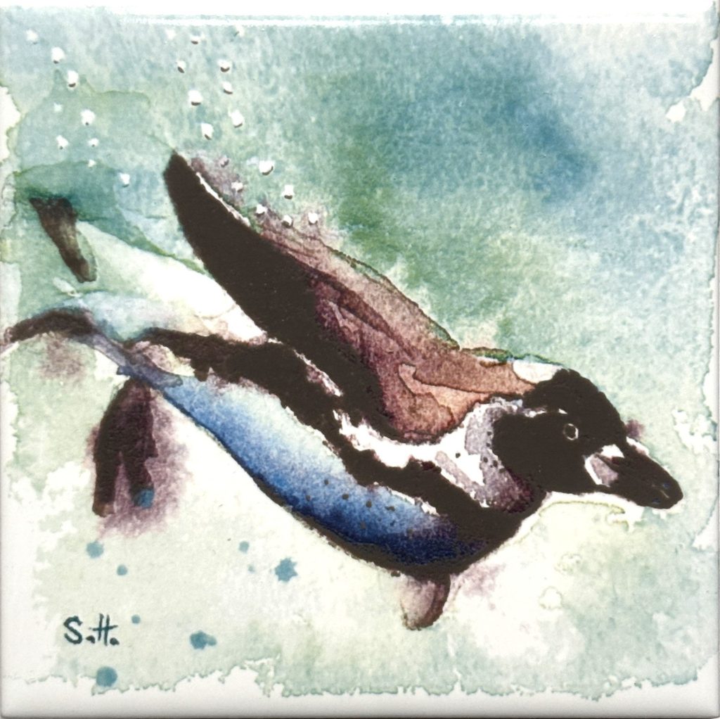 Aquarellfliese Pinguin schwimmend