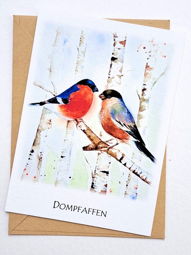 Grußkarte mit zwei Dompfaffen im Birkenwald
