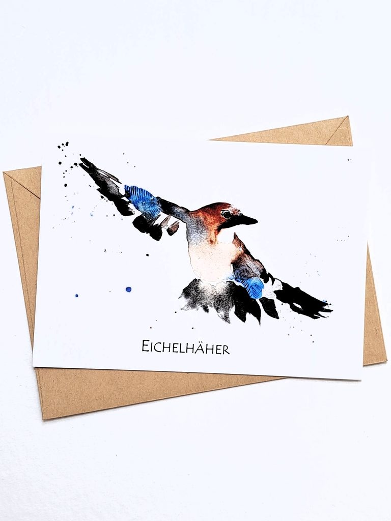 Grußkarte mit einem Eichelhäher als Aquarell