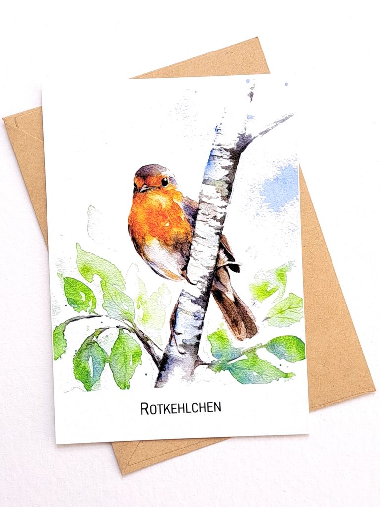Grußkarte mit einem Rotkehlchen als Aquarell