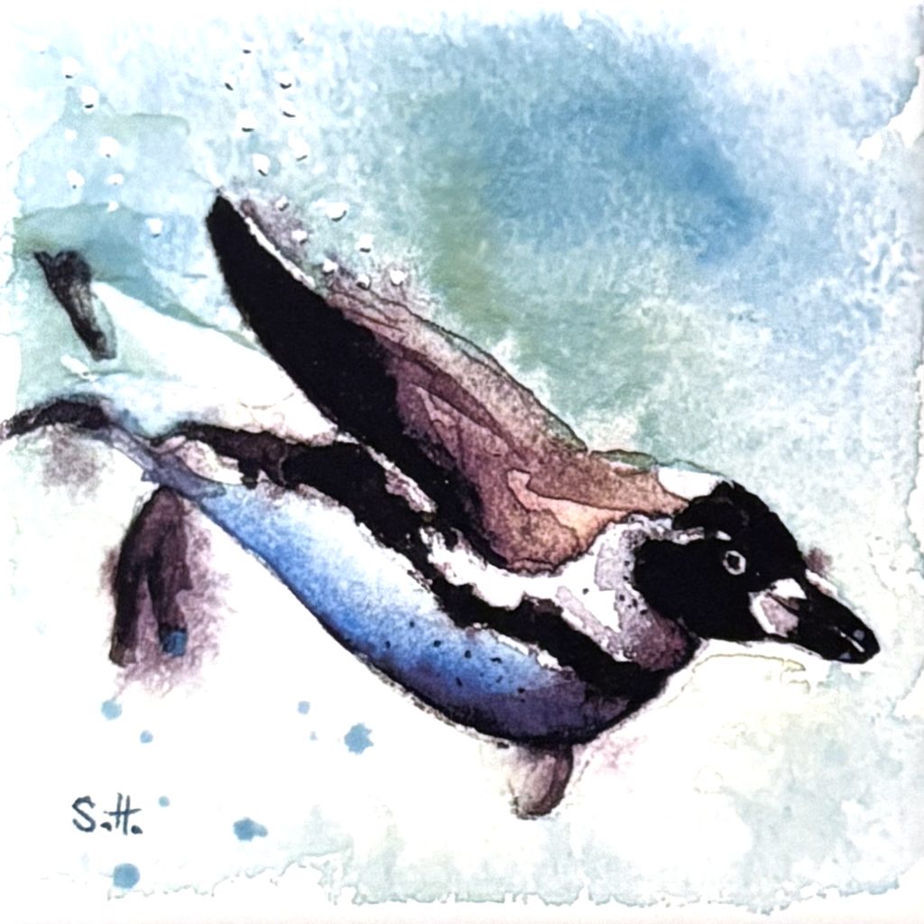 Aquarellfliese mit einem schwimmenden Pinguin