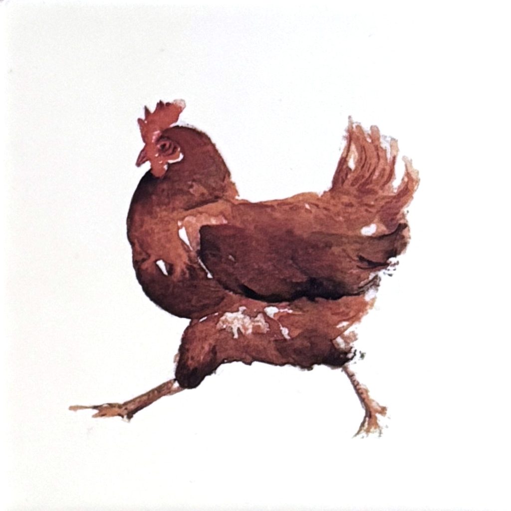 Aquarellfliese mit einem laufenden Huhn