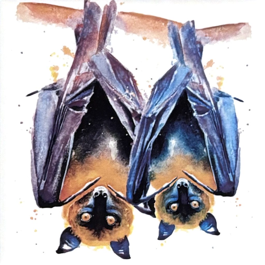 Aquarellfliese mit zwei kopfüber hängenden Flughunden